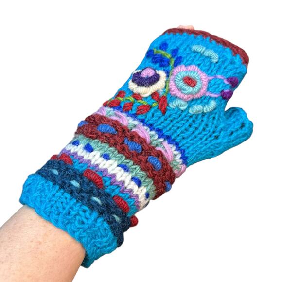 Handmade crochet hand knitted blue floral 100% wool fleece fingerless gloves - Picture 10 of 11